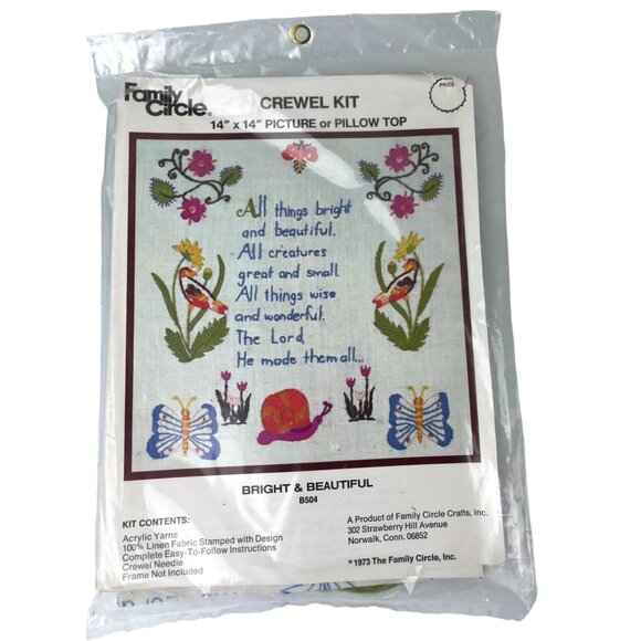 Vintage SEALED Family Circle Crewel Kit Picture Pillow 14x14 1973 Floral Poem - Picture 1 of 9